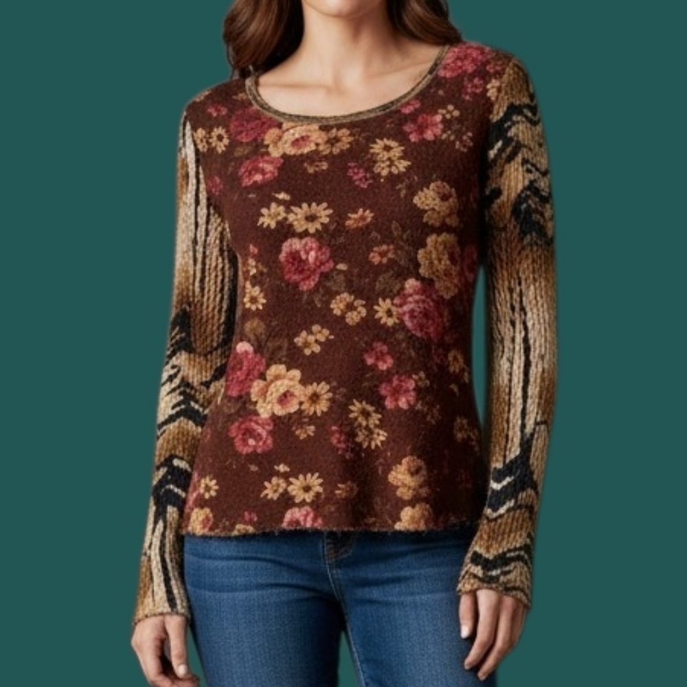 ALBERTO MAKALI Oxblood Floral Animal Print Shaggy Eyelash Long Sleeve Blouse